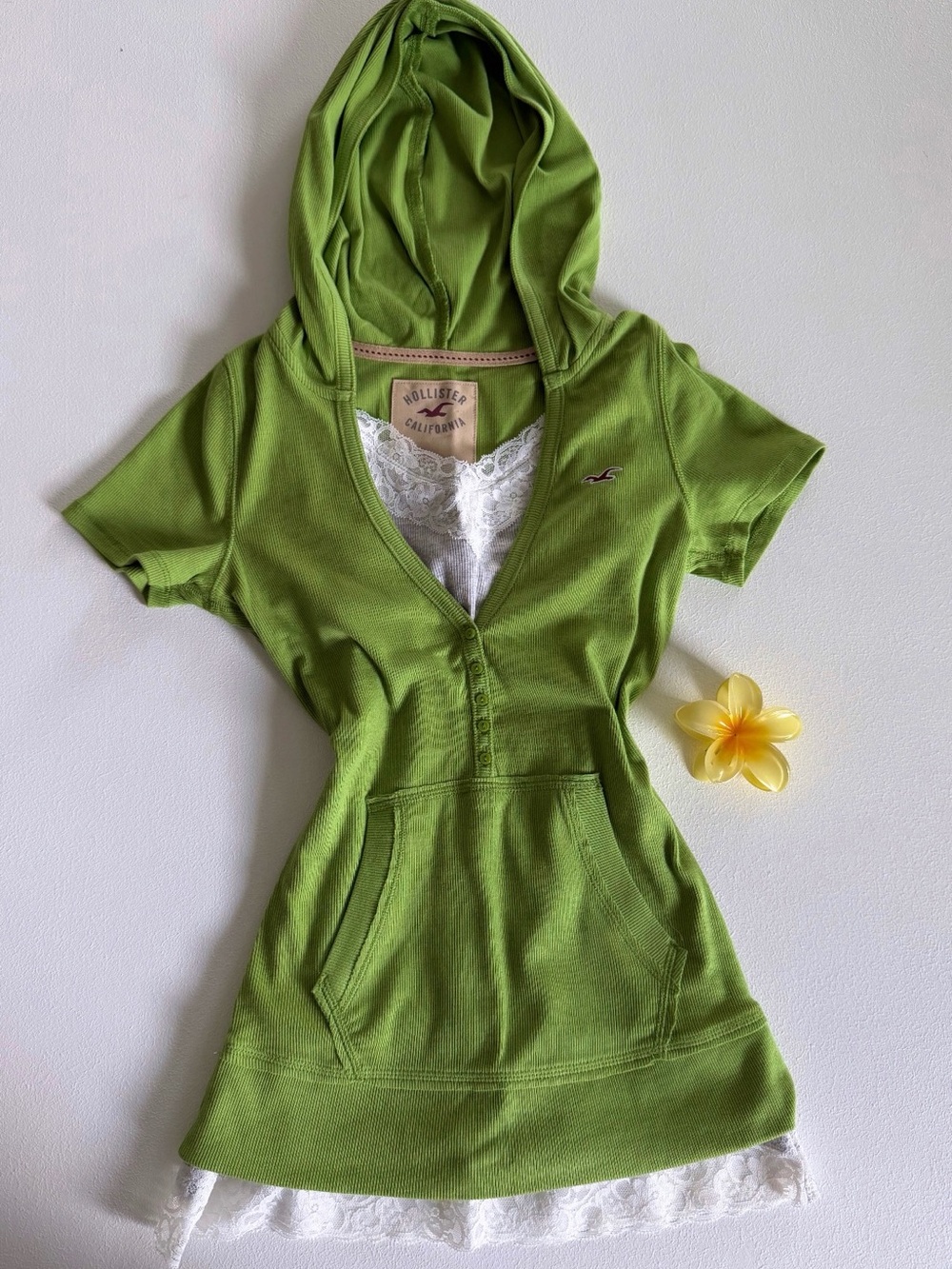 Hollister Green Hooded Short Sleeve Top S
